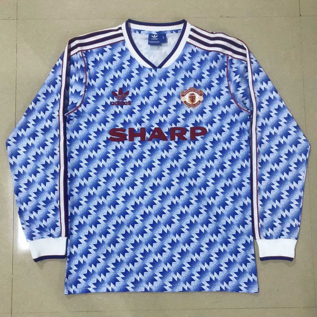 1990/92 Manchester United Retro Away Blue LS Men Jersey Jersey - Click Image to Close