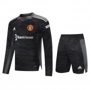 Men's Manchester United Goalkeeper Black Long Sleeve Jersey + Shorts 21/22